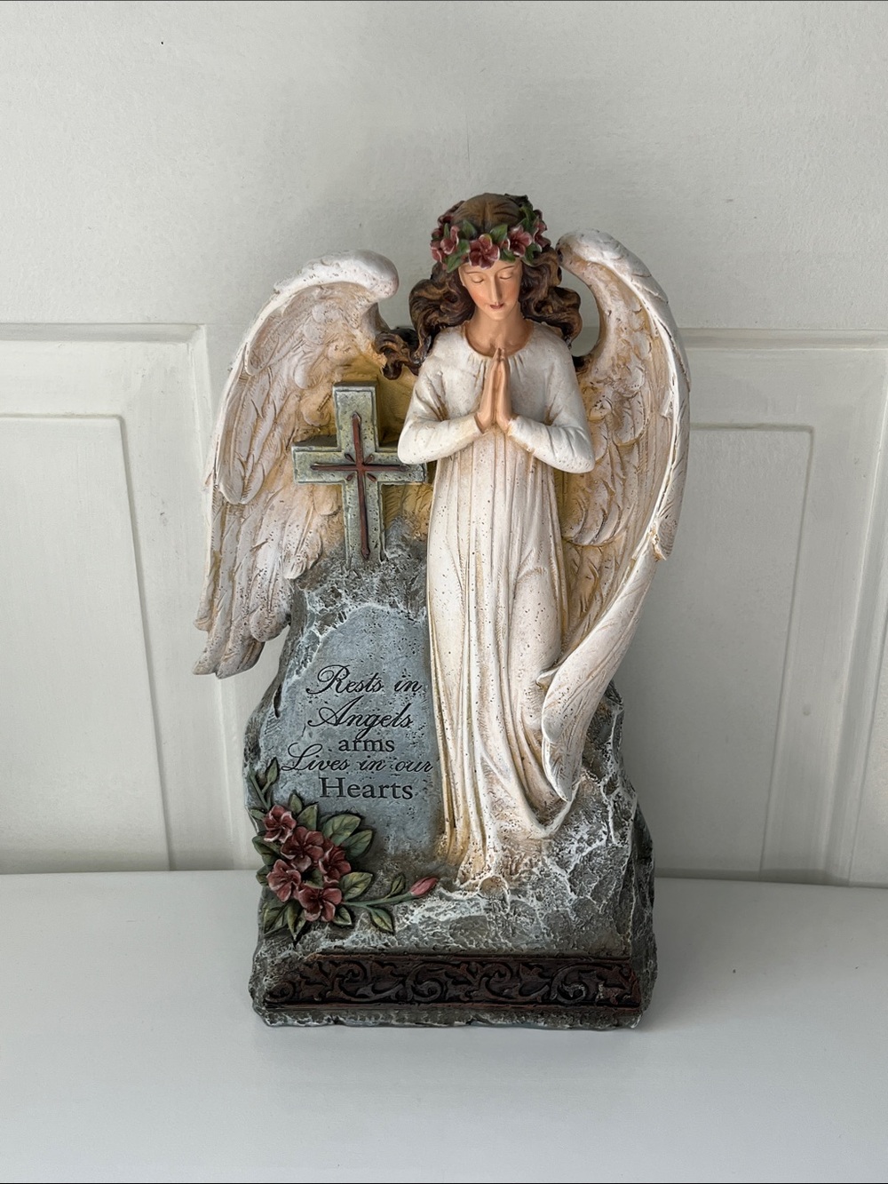 Large Praying Angel Figurine Statue with Cross Memorial Gift Decor